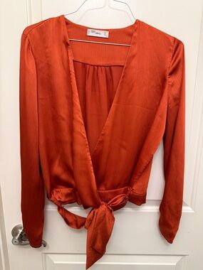 Mango Rust Orange Satin Tie-Front Top